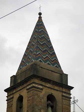 Coloured tiles on church spire